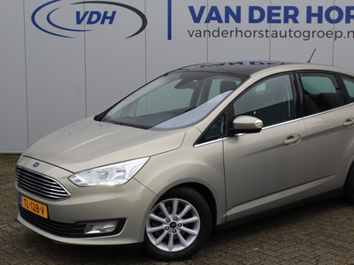 FORD C-MAX 1.0-125pk Titanium. Erg nette en luxe hoogzitter ! Volautm. airco dual, cruise cntrl, navigatie, telefoonvoorb., elektr. achterklep, easy entry/easy go, panoramadak, LM wielen, verwarmd voorraam, pdc achter, trekhaak etc.