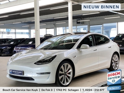 Tesla Model 3 Performance 75 kWh INCL.BTW / NL-Auto / 462 Pk / Vol-Leder / Pano-Dak / Keyless / Navi / Camera / Adaptieve Cruise-Control / Stoelverwarming / ELKTR-pakket / PDC / LMV 20' / ENZ.